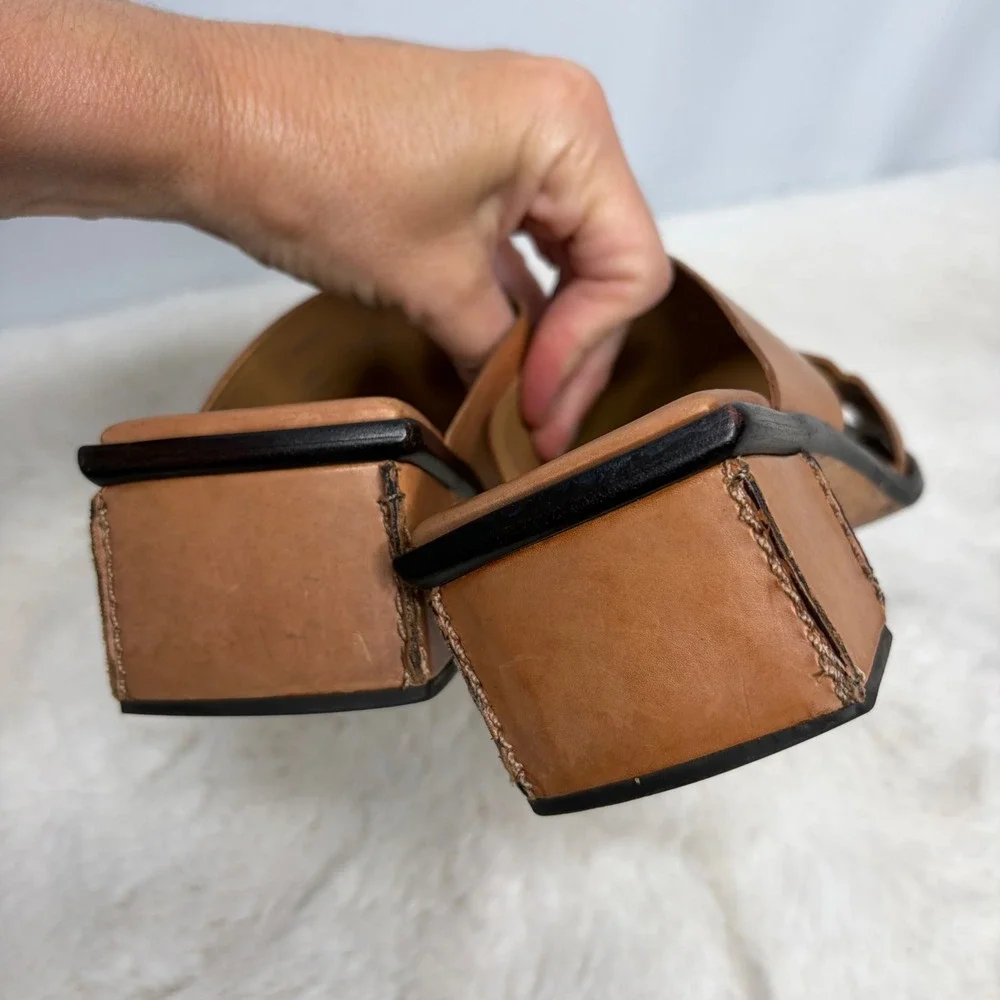 Cole Haan Studio Womens 6.5 B Tan Leather Square Toe Block Heel Slide Sandals